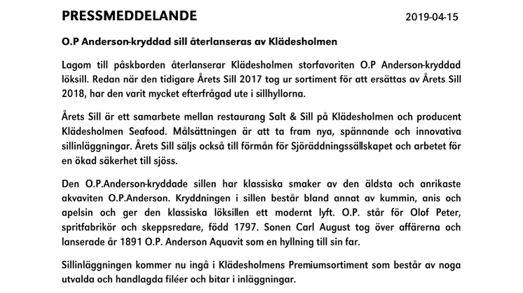 O.P Anderson-kryddad sill återlanseras av Klädesholmen 