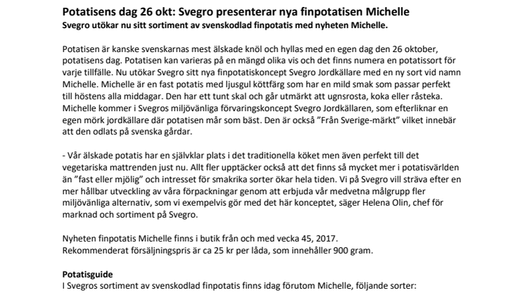 Potatisens dag 26 okt: Svegro presenterar nya finpotatisen Michelle 