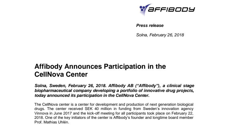 Affibody Announces Participation in the CellNova Center