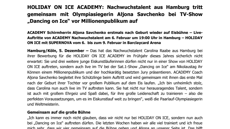 HOLIDAY ON ICE ACADEMY: Nachwuchstalent aus Hamburg tritt gemeinsam mit Olympiasiegerin Aljona Savchenko bei TV-Show „Dancing on Ice“ vor Millionenpublikum auf
