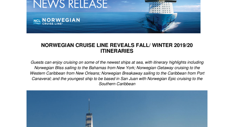 Norwegian Cruise Line reveals fall/winter 2019/20 itineraries