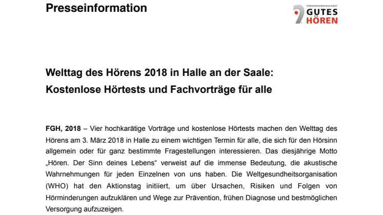 Welttag des Hörens 2018 in Halle an der Saale:  Kostenlose Hörtests und Fachvorträge für alle