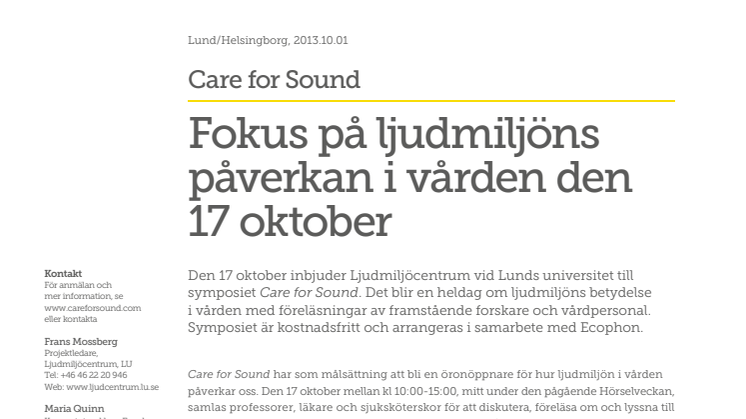 Care for Sound - Focus på ljudmiljöns påverkan i vården den 17 oktober