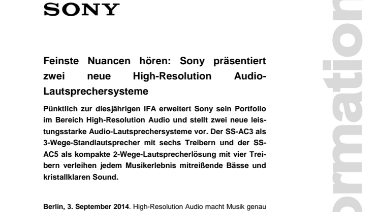 Feinste Nuancen hören: Sony präsentiert zwei neue High-Resolution Audio-Lautsprechersysteme
