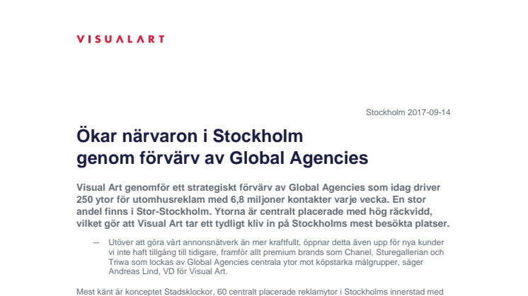 Visual Art ökar närvaron i Stockholm genom förvärv av Global Agencies 