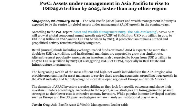 PwC: Assets under management in Asia Pacific to rise to USD29.6 trillion by 2025, faster than any other region