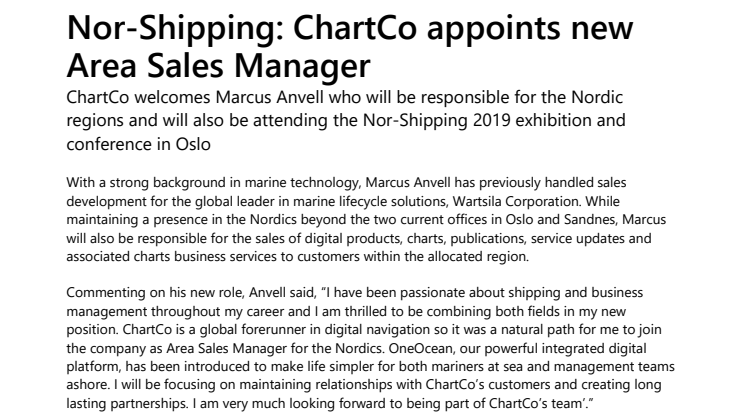 Nor-Shipping: ChartCo appoints new Area Sales Manager
