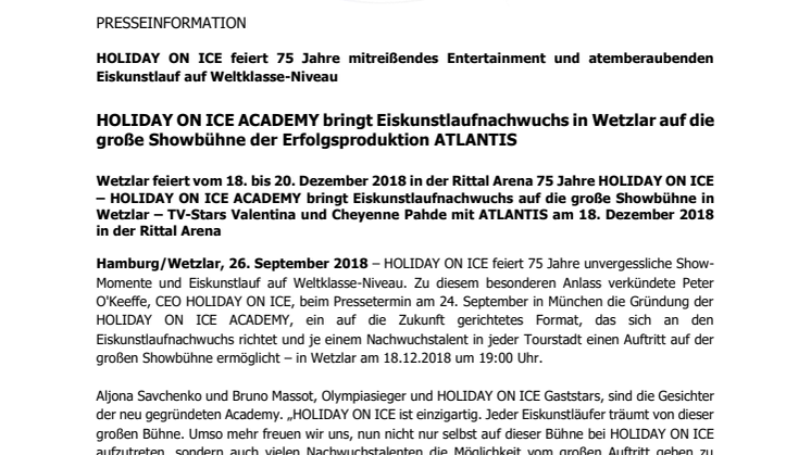 HOLIDAY ON ICE ACADEMY bringt Eiskunstlaufnachwuchs in Wetzlar auf die große Showbühne der Erfolgsproduktion ATLANTIS