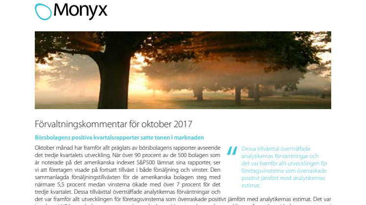 Monyx förvaltningskommentar för oktober 2017