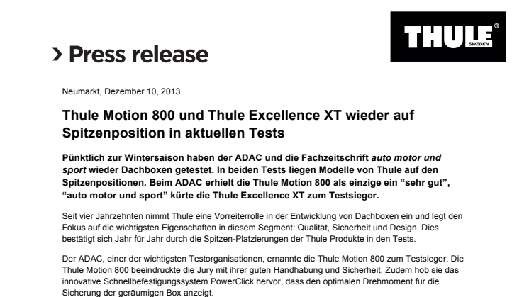 Thule Motion 800 und Thule Excellence XT wieder auf Spitzenposition in aktuellen Tests