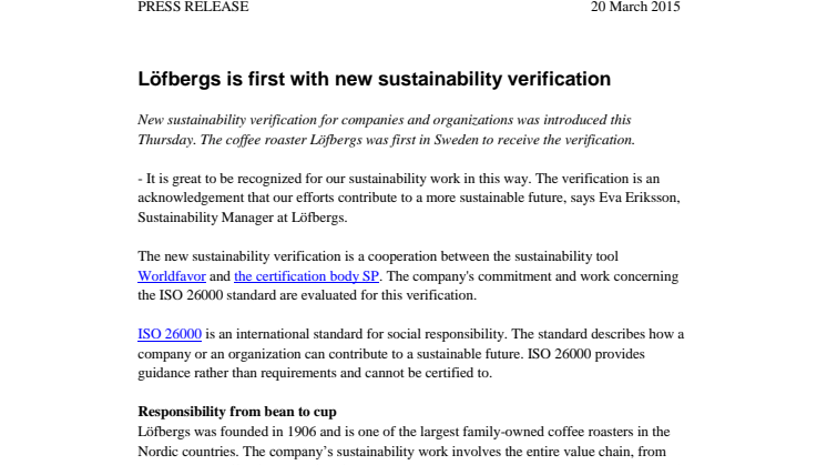 Löfbergs is first with new sustainability verification