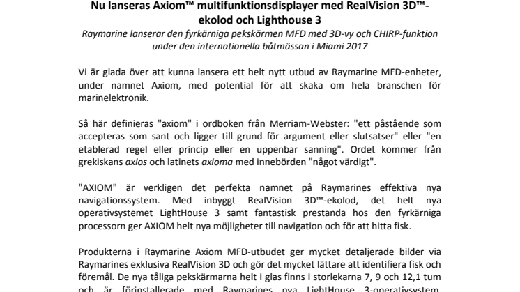 Raymarine: Nu lanseras Axiom™ multifunktionsdisplayer med RealVision 3D™-ekolod och Lighthouse 3
