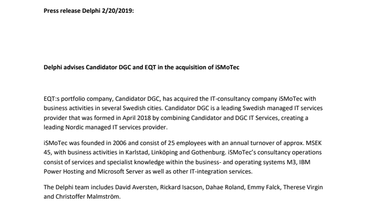 Delphi advises Candidator DGC and EQT in the acquisition of iSMoTec