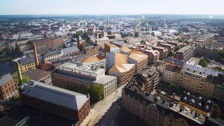 Kopparhusen fyller ett tomrum och tar tydlig plats i staden med universitetet och industrilandskapet som nära grannar.