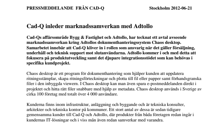 Cad-Q inleder marknadssamverkan med Adtollo