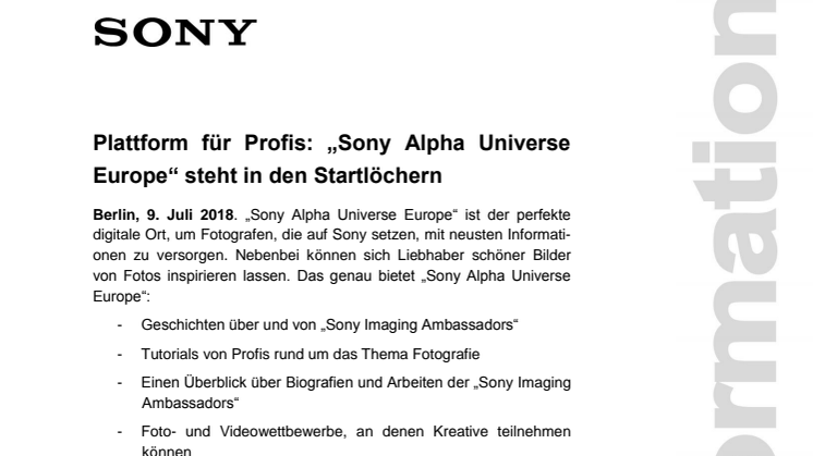 Plattform für Profis: „Sony Alpha Universe Europe“ steht in den Startlöchern