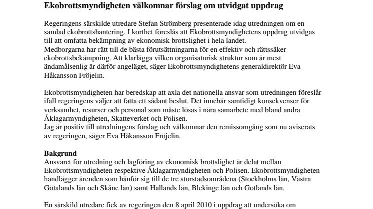 Ekobrottsmyndigheten välkomnar förslag om utvidgat uppdrag