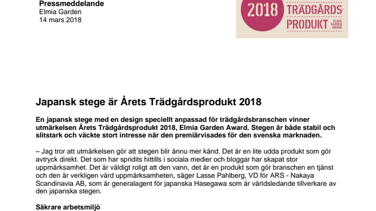 Japansk stege är Årets Trädgårdsprodukt 2018 