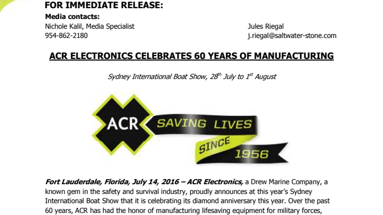 July 2016 - ACR Electronics - Press Release #2: ACR Electronics Celebrates 60 Years of Manufacturing