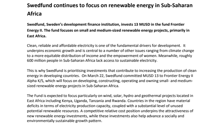 Swedfund continues to focus on renewable energy in Sub-Saharan Africa 
