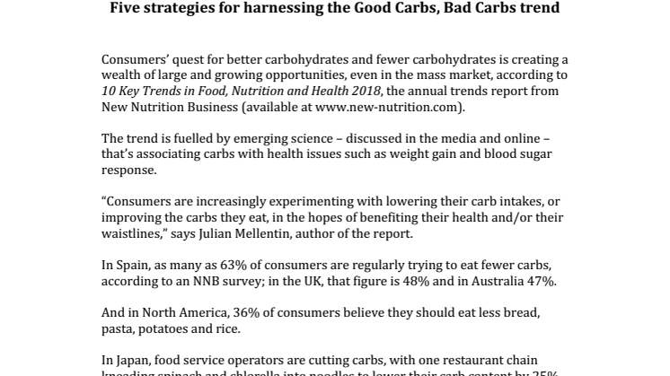 PRESS RELEASE: Five strategies for harnessing the Good Carbs, Bad Carbs trend