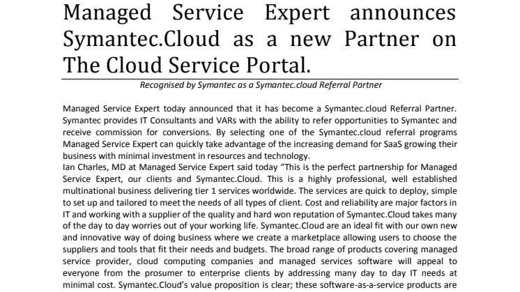 Managed Service Expert announces Symantec.Cloud as a new Partner on The Cloud Service Portal.