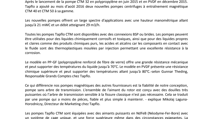 Tapflo propose deux nouvelles pompes centrifuges à entraînement magnétique