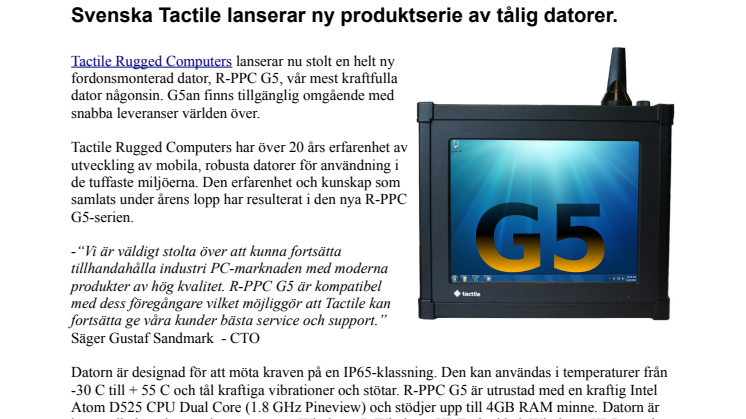 Svenska Tactile lanserar G5, en kraftfull industriPC. Robust Panel PC med pekskärm.