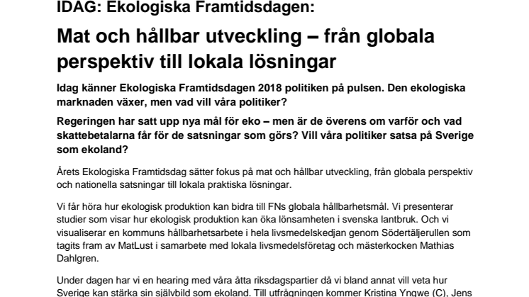 Ekologiska Framtidsdagen IDAG:  Mat och hållbar utveckling – från globala perspektiv till lokala lösningar 