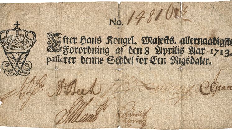 Danmarks allerførste pengeseddel – en 1-rigsdaler fra 1713 – sættes på auktion hos Bruun Rasmussen