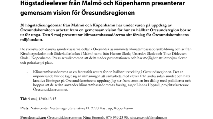 Pressinbjudan - Högstadieelever från Malmö och Köpenhamn presenterar gemensam vision för Öresundsregionen