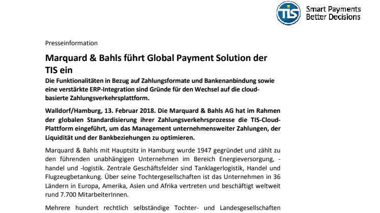 TIS-Cloud-Plattform für Zahlungsverkehr im Einsatz bei Marquard & Bahls