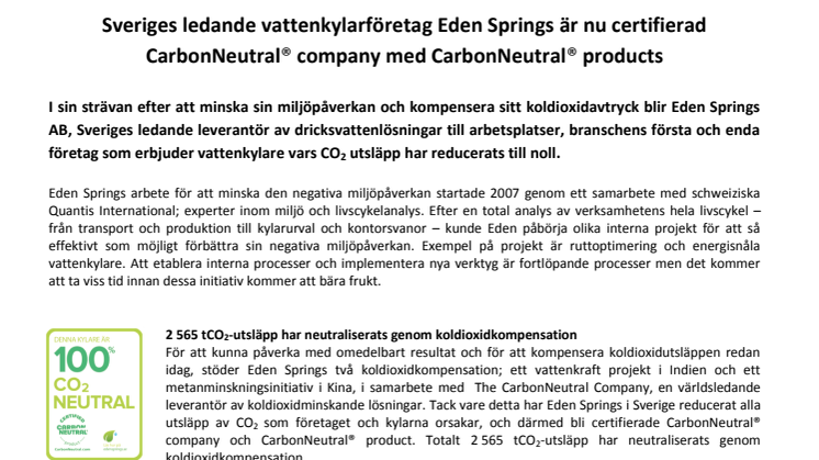 Sveriges ledande vattenkylarföretag Eden Springs är nu certifierad CarbonNeutral® company med CarbonNeutral® products