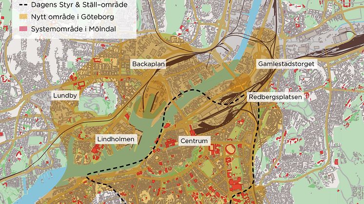 Det gula området på kartan visar var Styr& Ställ-cyklar kommer att finnas från våren 2020.  Dessutom tillkommer de centralare delarna av Mölndal.  Illustration: Trafikkontoret Göteborgs Stad