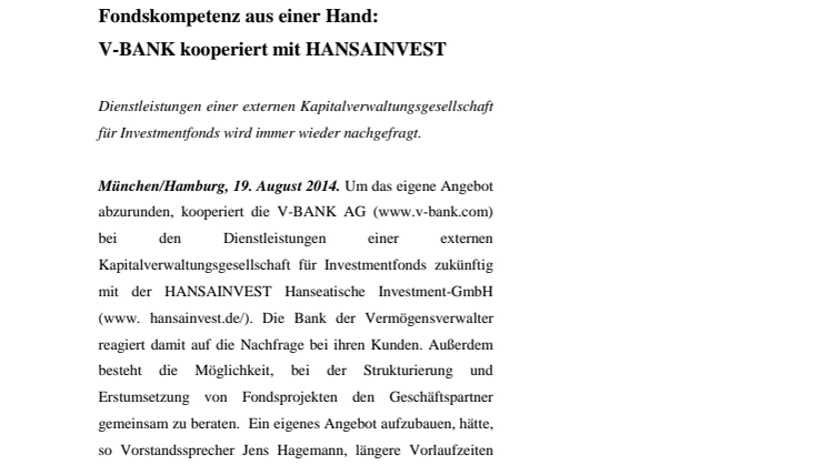 Fondskompetenz aus einer Hand: V-BANK kooperiert mit HANSAINVEST