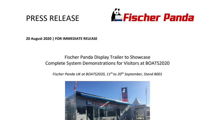 Fischer Panda Display Trailer to Showcase Complete System Demonstrations for Visitors at BOATS2020