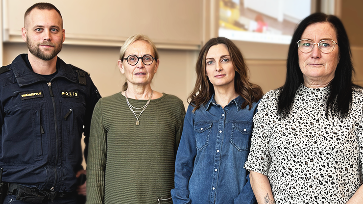 Områdespolis Christoffer Karlsson, professor Anette Bolin, behandlingssekreterare Louise Andersson och Tina Albertsson från Familjehuset sprider kunskap om TUTI-modellen. Foto: Andreas Gleisner