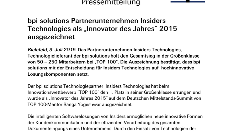 bpi solutions Partnerunternehmen Insiders Technologies als „Innovator des Jahres“ 2015 ausgezeichnet