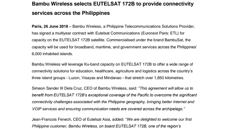 Bambu Wireless selects EUTELSAT 172B to provide connectivity services across the Philippines 