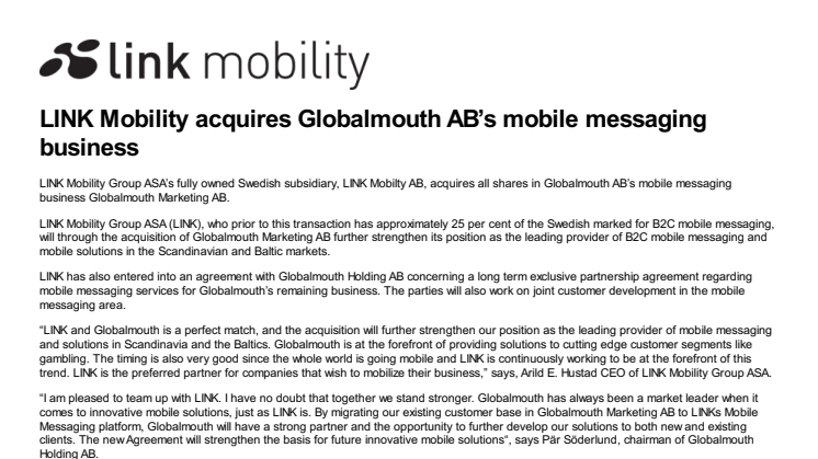 LINK Mobility acquires Globalmouth AB's mobile messaging business
