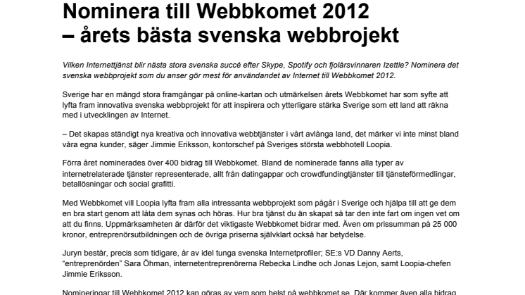 Nominera till Webbkomet 2012 – årets bästa svenska webbrojekt