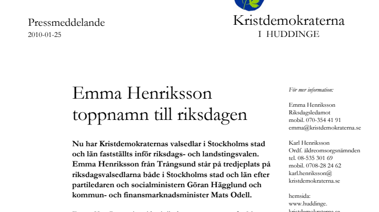 Emma Henriksson toppnamn till riksdagen (KD)