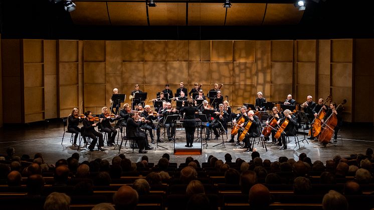 Nordiska Kammarorkestern på sin hemmascen i Tonhallen i Sundsvall. På lördag framför de Förklädd gud tillsammans med Sollefteå kyrkokör, Multråkören samt sångare från kören Oktaven i Junsele. Foto: Lia Jacobi