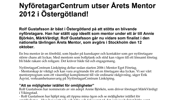 NyföretagarCentrum utser Årets Mentor 2012 i Östergötland!