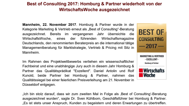 Best of Consulting 2017: Homburg & Partner wiederholt von der WirtschaftsWoche ausgezeichnet 