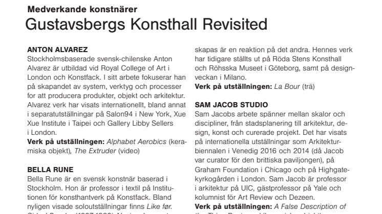 Gustavsbergs Konsthall Revisited, medverkande konstnärer