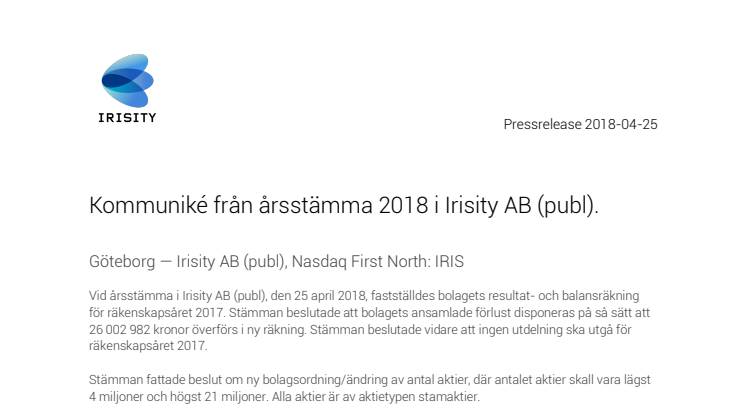 Kommuniké från årsstämma 2018 i Irisity AB (publ).