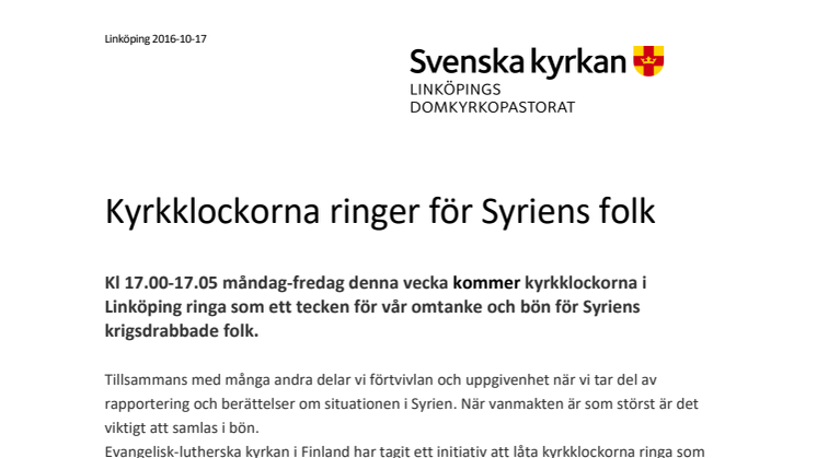 Kyrkklockorna ringer i Linköping för Syriens folk