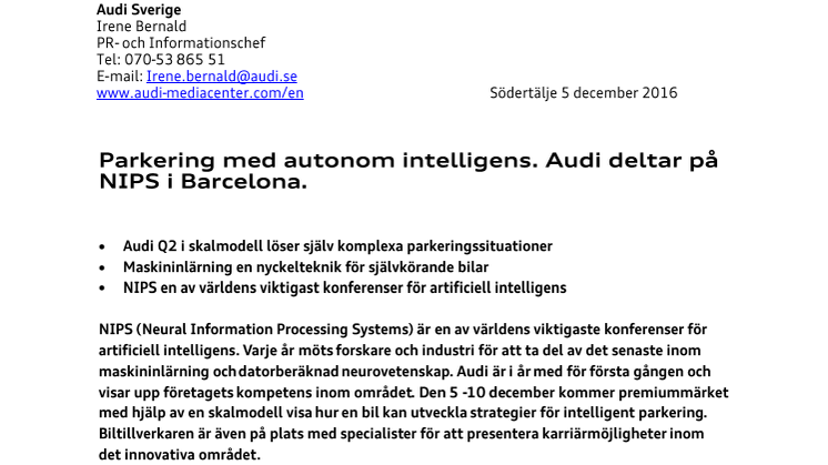 Parkering med autonom intelligens. Audi deltar på NIPS i Barcelona.
