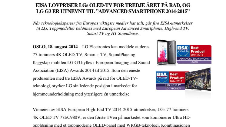 EISA LOVPRISER LGs OLED-TV FOR TREDJE ÅRET PÅ RAD, OG LG G3 ER UTNEVNT TIL ”ADVANCED SMARTPHONE 2014-2015”